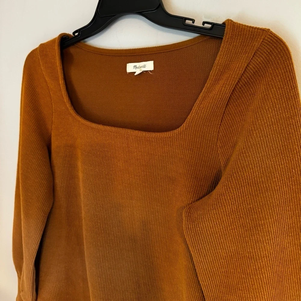 Madewell Ottoman Rib Puff Sleeve Square Neck Sweater In Brown Dried Cedar Sz XL